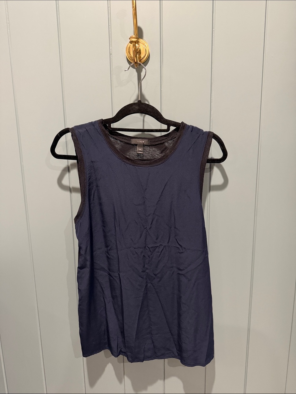 J. Crew Navy Silk Sleeveless Tank with Black Trim